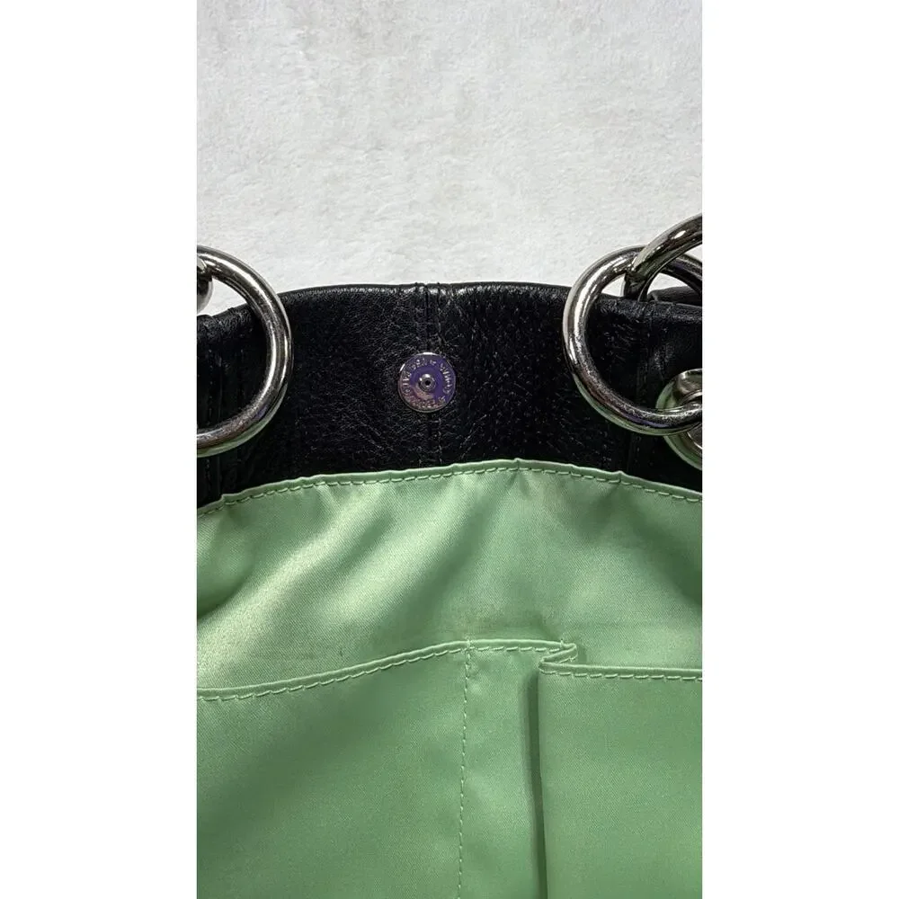 VTG Coach Hamptons Pebble Leather Tote Bag Black F1569 Lime Green Satin Interior